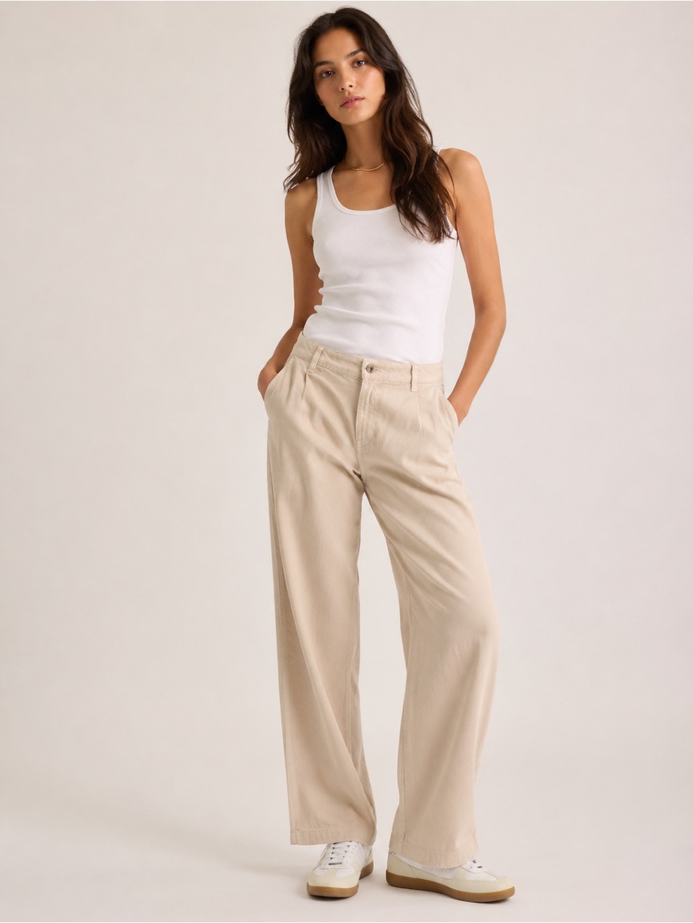 Mango 100% Cotton Wide-Leg Trousers in Beige
